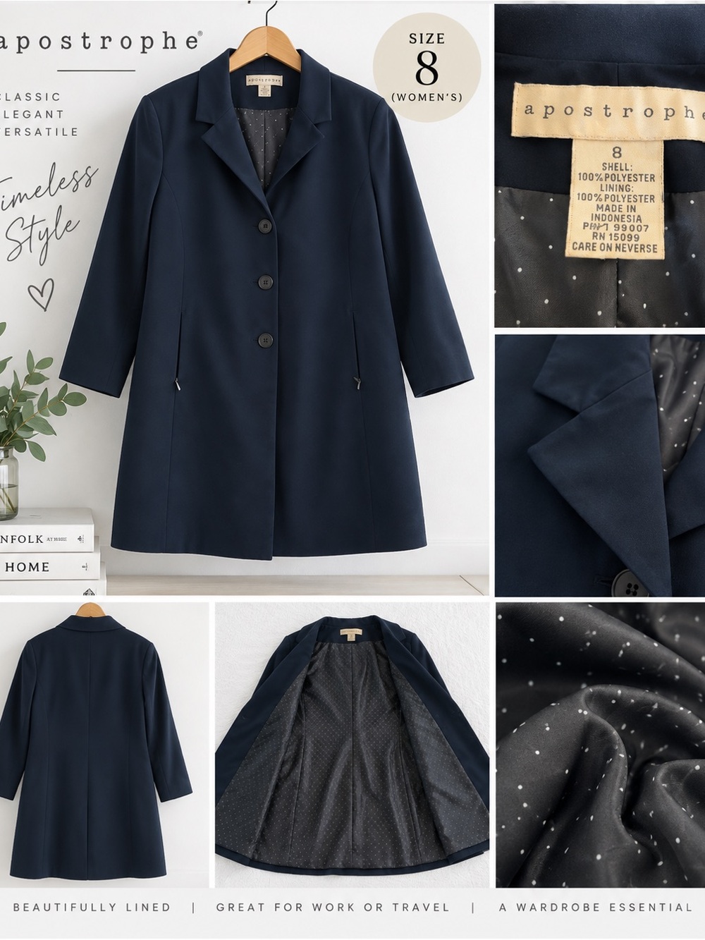 Apostrophe Navy Single-Breasted Womens Blazer Coat